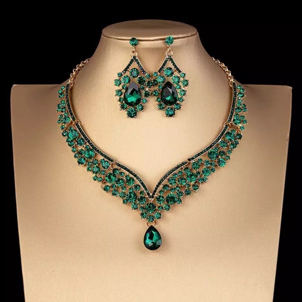 Earrings Necklace, Bridal Jewelry Set, Gold Green Crystal Costume Party set​​